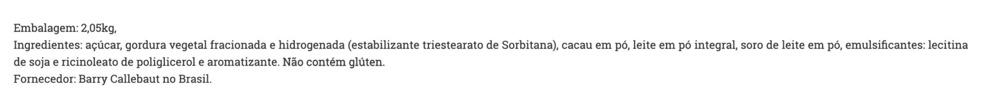 ingredientes do chocolate fracionado